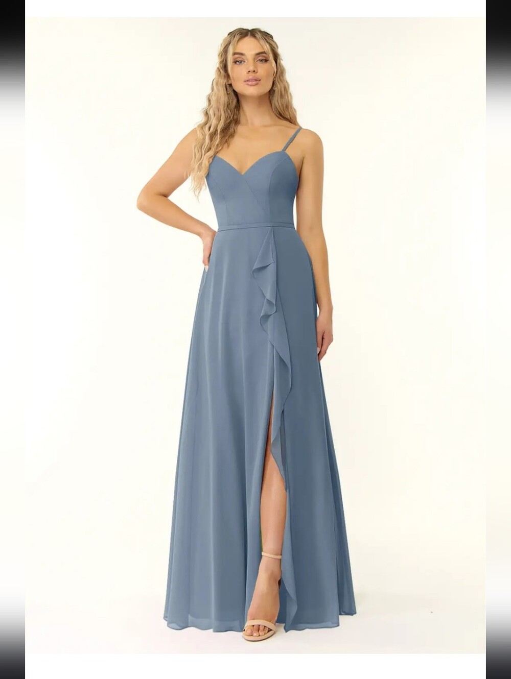 Azazie Sleeveless V-Neck Blue Ruffle Front Slit Maxi Dress Sz 6